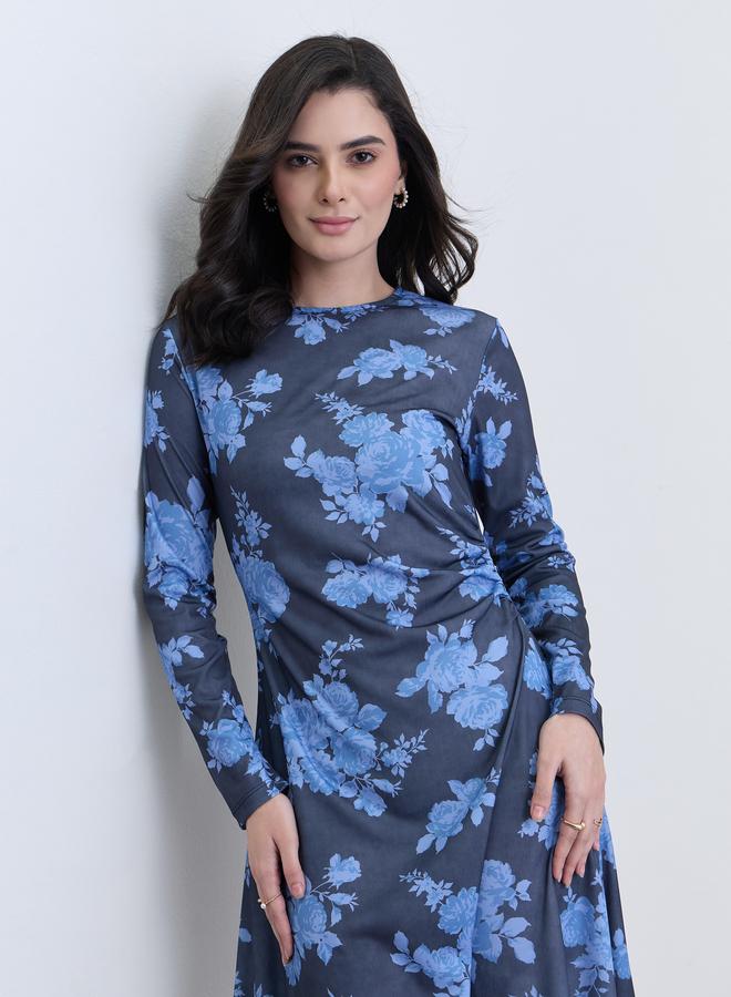 Styli Navy Blue Floral Print A-Line Midi Dress - Image 1